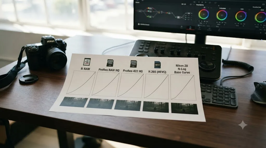 Illustration comparing Nikon Z8 N-Log recording formats across N-RAW, ProRes RAW HQ, ProRes 422 HQ, and H.265, all sharing the same tone curve