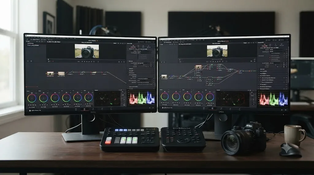 Illustration comparing DaVinci Resolve free and Studio editions for Nikon Z8 N-Log and N-RAW footage workflows