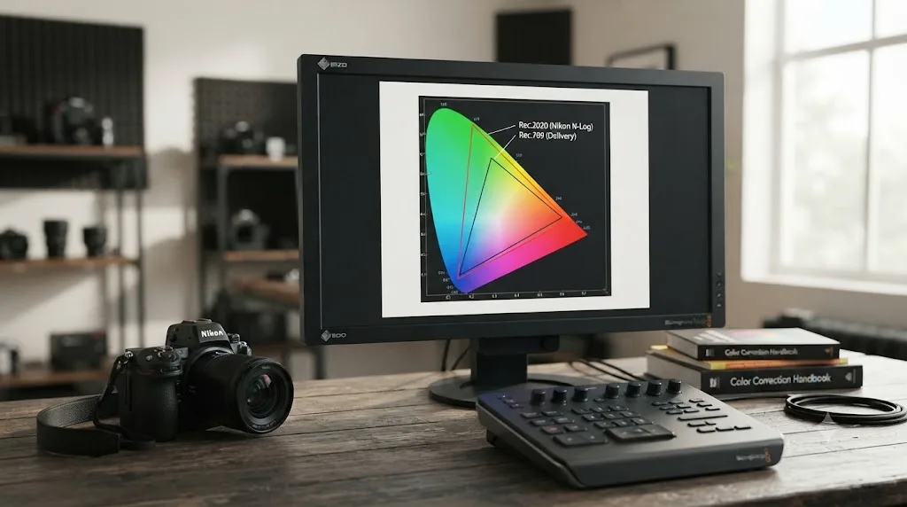 Illustration of a chromaticity diagram comparing the Rec.2020 gamut used by Nikon N-Log against the smaller Rec.709 delivery gamut