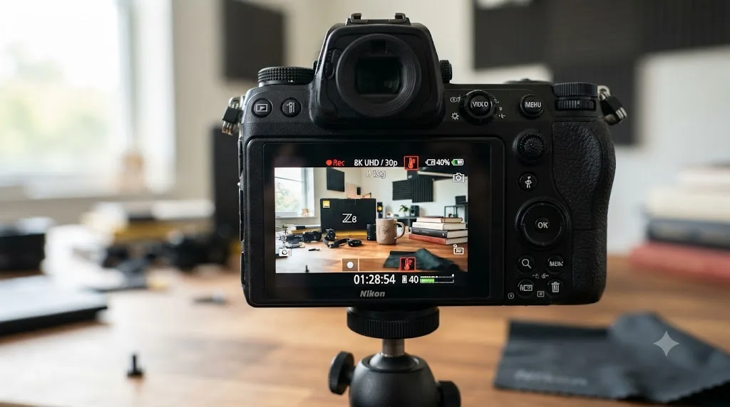 Illustration of a Nikon Z8 camera screen showing a recording timer approaching its documented thermal limit during 8K video