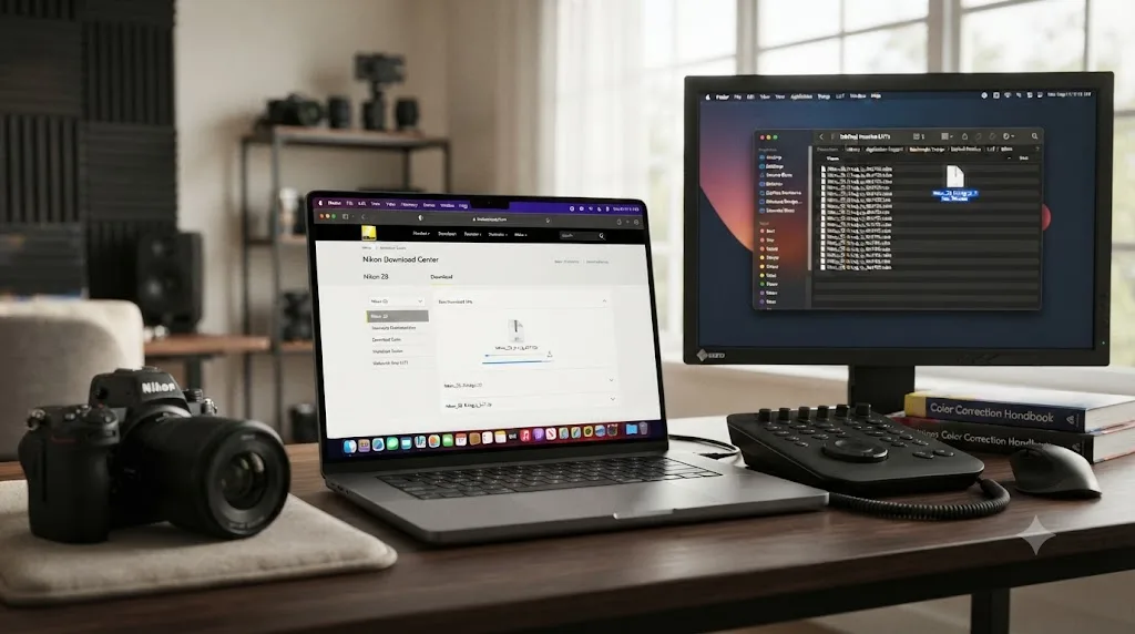 Illustration of a Nikon Download Center page showing an N-Log LUT file next to a DaVinci Resolve LUT folder