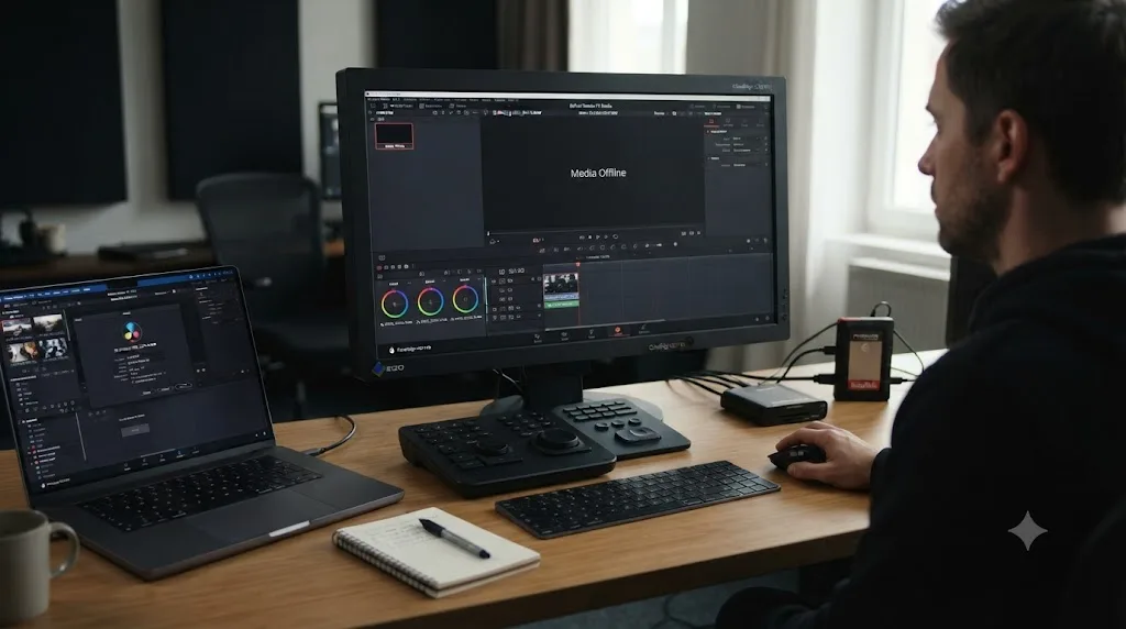 Illustration of a troubleshooting checklist for a Nikon Z8 clip showing Media Offline in DaVinci Resolve