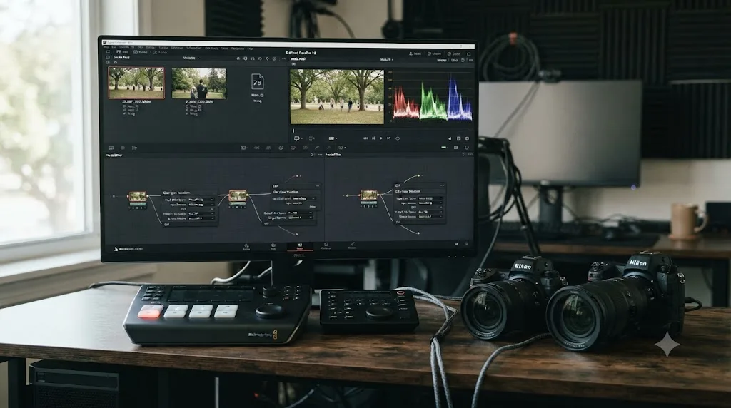 Illustration of a two-camera shoot with a Nikon Z8 and a Nikon Z9 feeding footage into the same DaVinci Resolve project