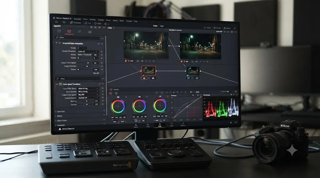 Illustration of a DaVinci Resolve node graph with a Noise Reduction node placed before a Color Space Transform node on Nikon Z8 N-Log footage