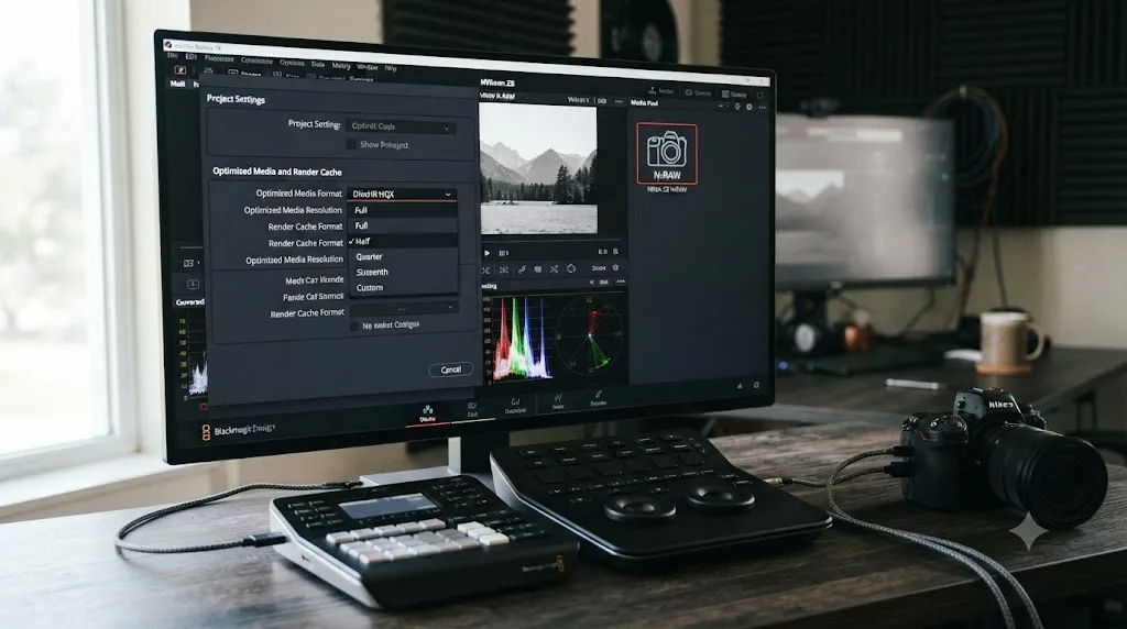 Illustration of a DaVinci Resolve Optimized Media settings panel next to a Nikon Z8 N-RAW file icon