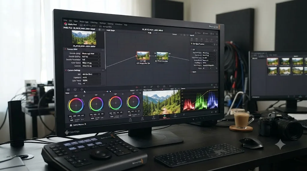 Illustration of a DaVinci Resolve Camera RAW panel decoding a Nikon Z8 N-RAW clip next to a standard Color Space Transform node