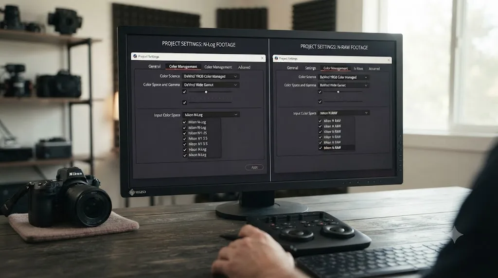 Illustration comparing two DaVinci Resolve Project Settings panels, one for standard Nikon N-Log footage and one for N-RAW footage