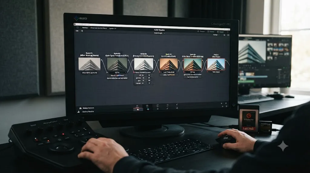 Illustration of a five-node DaVinci Resolve node graph taking Nikon Z8 N-Log footage from Log source to finished Rec.709 grade