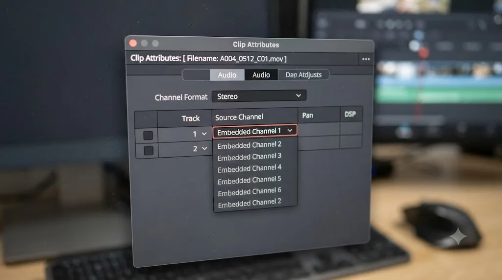 Illustration of the Clip Attributes audio channel mapping panel in DaVinci Resolve