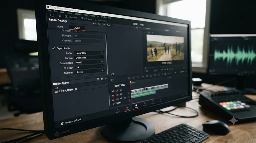 Illustration of the Deliver page audio settings with Export Audio checked in DaVinci Resolve