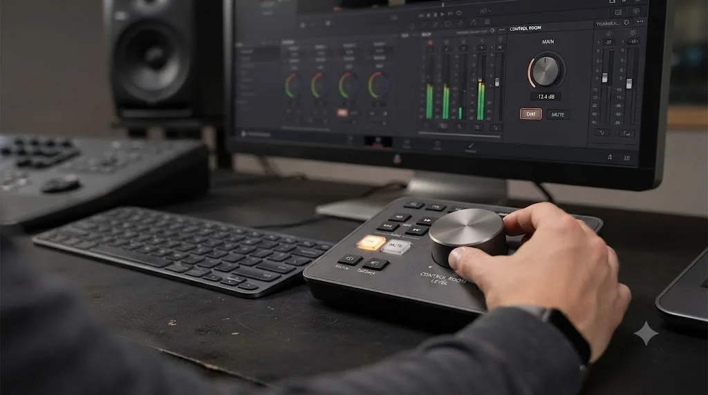 Illustration of the Fairlight page control room monitoring level and dim controls in DaVinci Resolve