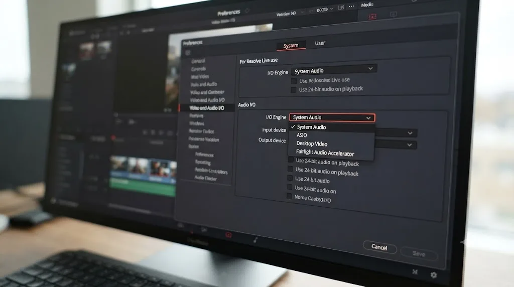 Illustration of the Video and Audio I/O preferences panel with the I/O Engine setting open in DaVinci Resolve