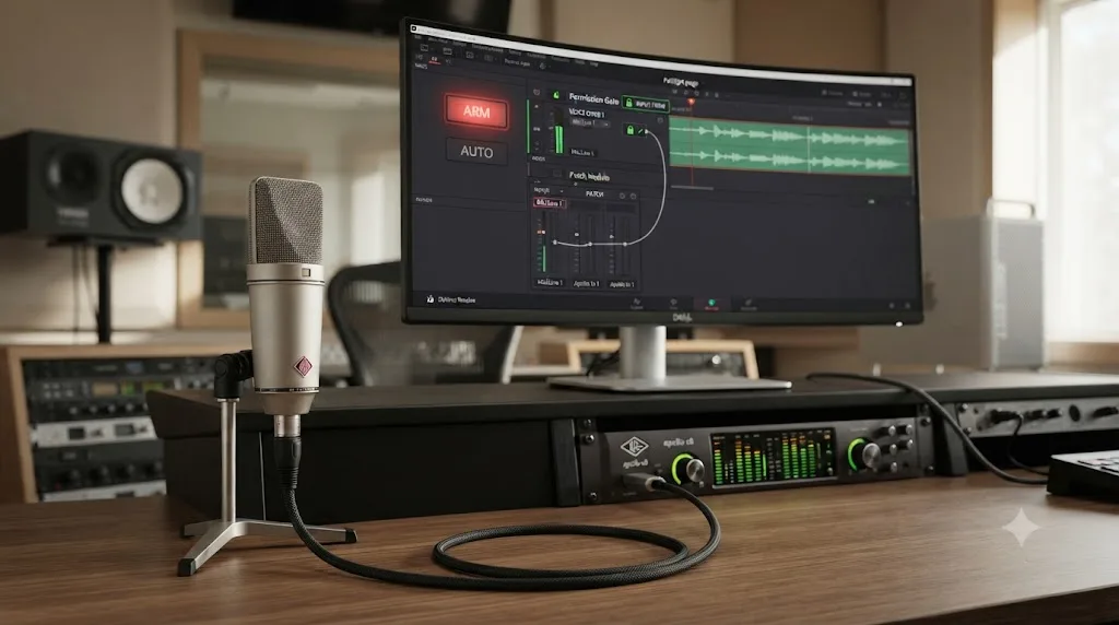 Illustration of the three gates between a microphone and a DaVinci Resolve Fairlight track