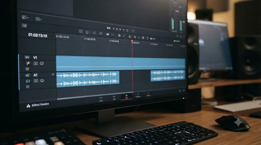 Illustration of a DaVinci Resolve timeline with audio missing from one section