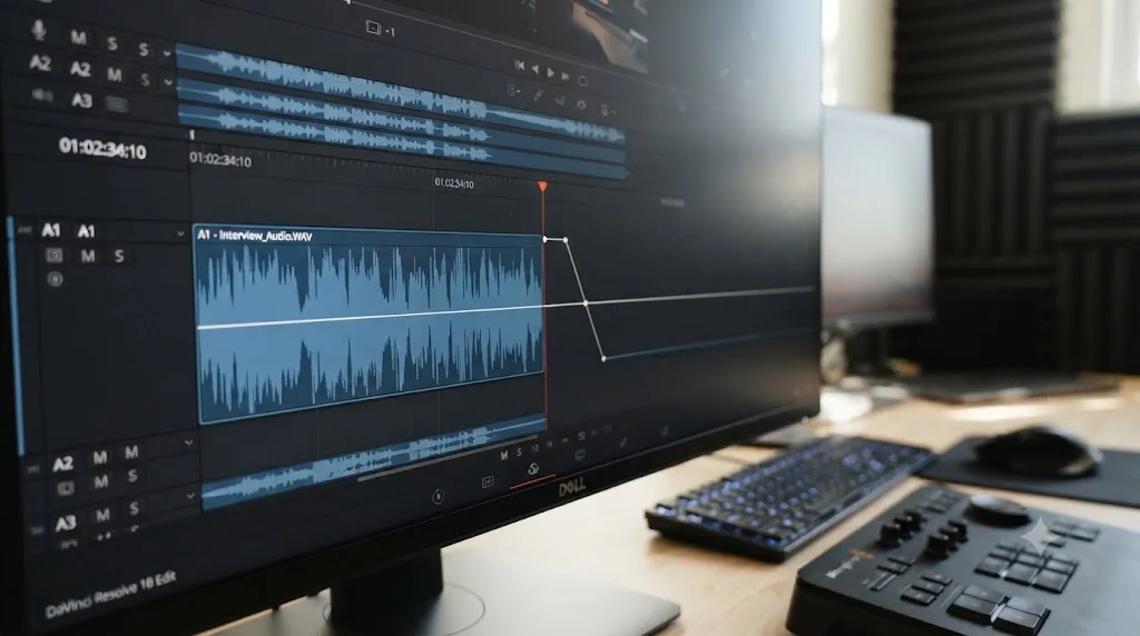 Illustration of volume keyframes pulling a DaVinci Resolve audio clip down to silence