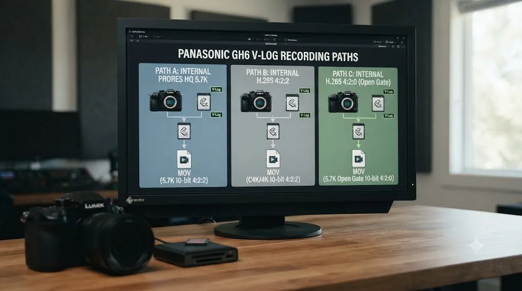 Illustration comparing Panasonic GH6 recording modes, internal ProRes, C4K/4K H.265 4:2:2, and 5.7K open gate H.265 4:2:0, all shooting V-Log