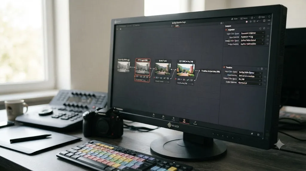 Illustration of a DaVinci Resolve node graph with two Color Space Transform nodes converting Panasonic GH6 V-Log footage to Rec.709 output