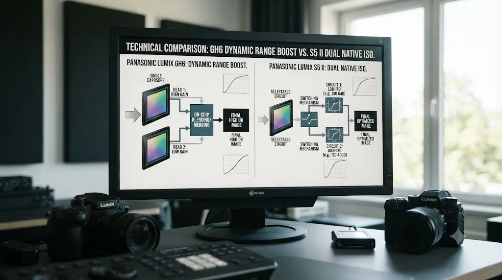 Illustration comparing Panasonic GH6 Dynamic Range Boost blending two gain reads against Panasonic S5 II Dual Native ISO switching between two circuits