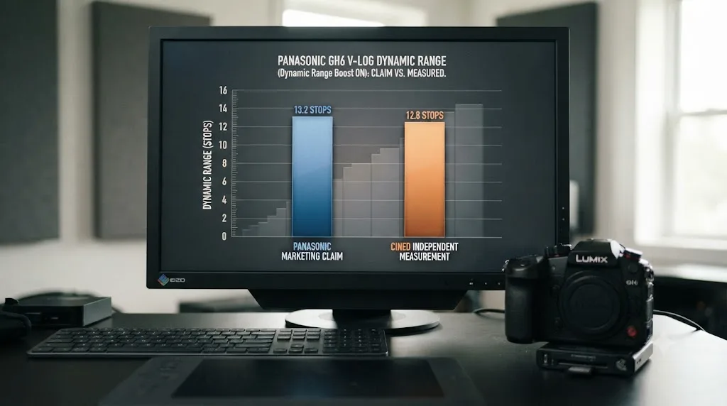 Illustration comparing marketed and independently measured dynamic range for Panasonic GH6 V-Log footage with Dynamic Range Boost enabled