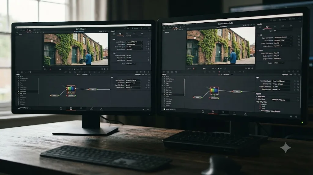 Illustration comparing DaVinci Resolve free and Studio editions, showing identical Color Space Transform tools and Studio-only Dolby Vision options