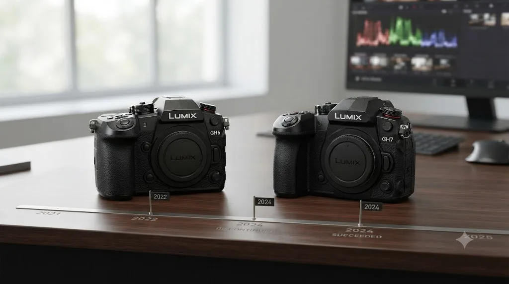 Illustration of a Panasonic GH6 and a Panasonic GH7 side by side with a timeline marker showing the GH6's discontinuation and GH7 succession
