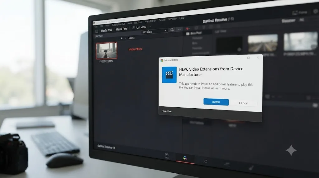 Illustration of a DaVinci Resolve Media Pool clip labeled Media Offline next to a Windows HEVC codec installation prompt