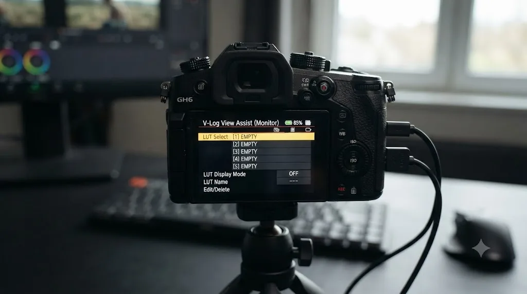 Illustration of a Panasonic GH6 touchscreen showing the V-Log View Assist menu with empty LUT slots