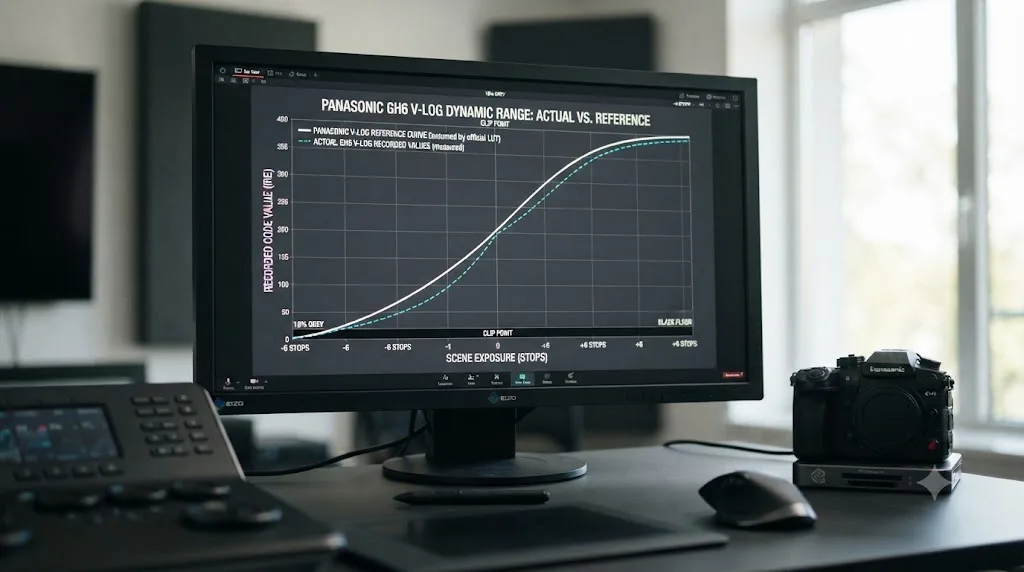 Illustration of a dynamic range curve chart comparing Panasonic GH6 V-Log footage to the reference curve used by the official Panasonic LUT