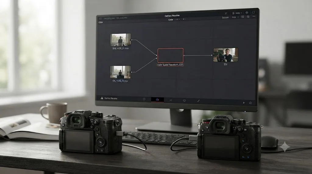 Illustration of a Panasonic GH6 and a Panasonic S5 II both feeding V-Gamut V-Log footage into the same DaVinci Resolve Color Space Transform node