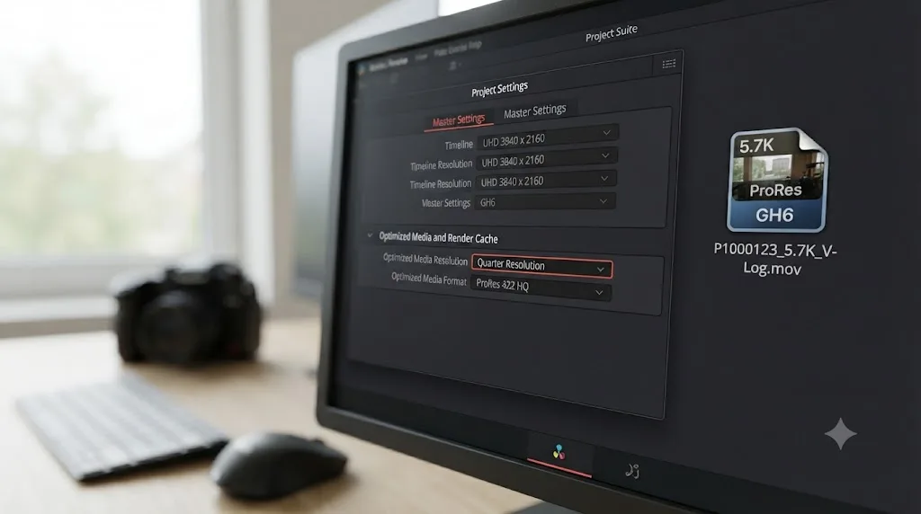Illustration of a DaVinci Resolve Optimized Media settings panel next to a 5.7K ProRes file icon from a Panasonic GH6