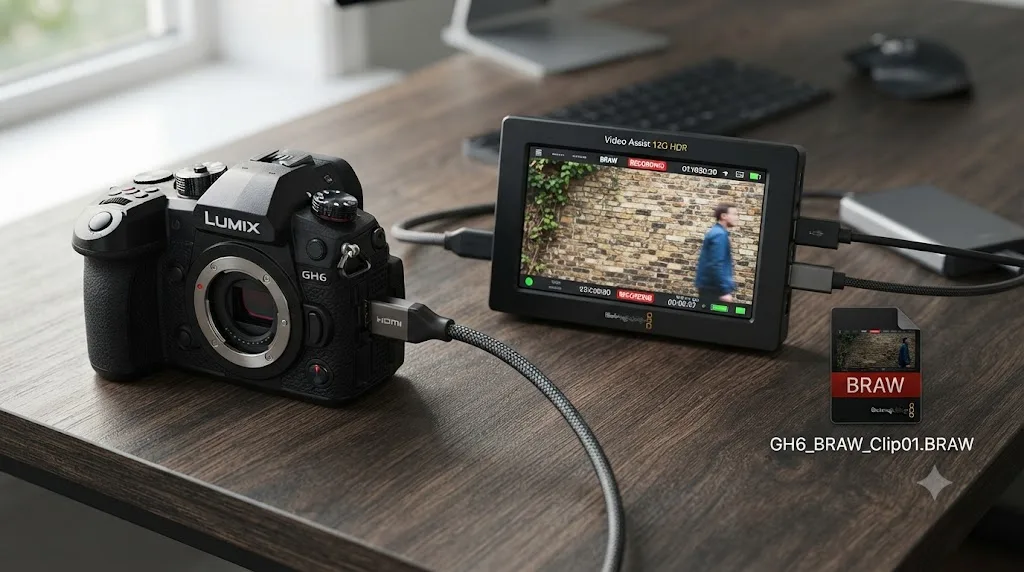 Illustration of a Panasonic GH6 connected to a Blackmagic Video Assist 12G HDR recorder outputting Blackmagic RAW over HDMI