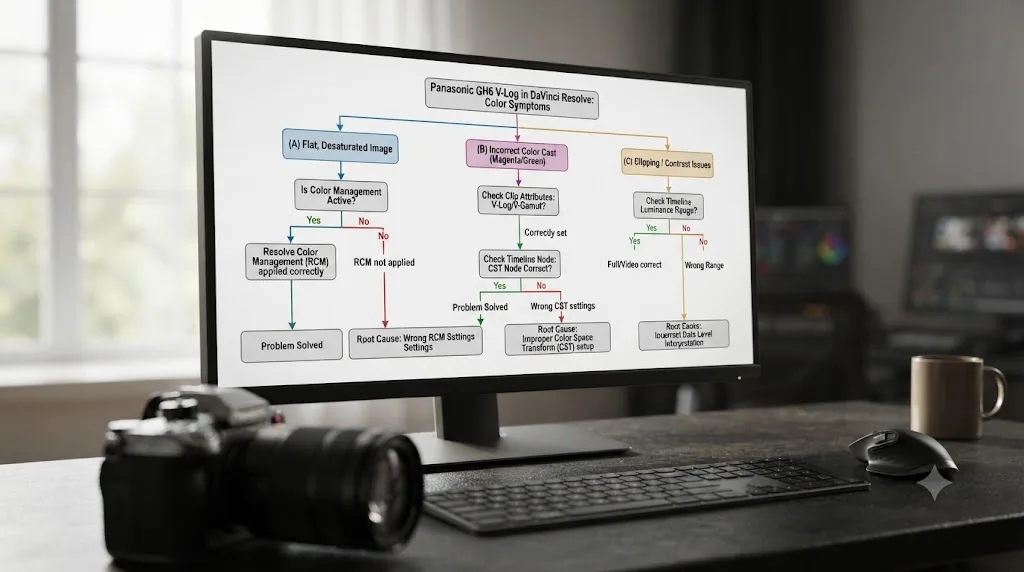 Illustration of a troubleshooting decision tree matching Panasonic GH6 V-Log footage symptoms in DaVinci Resolve to their causes