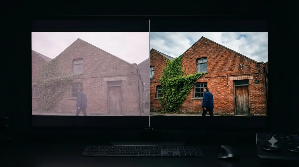 Illustration comparing Panasonic GH6 footage shot in V-Log, flat and magenta-tinted, against the same shot in HLG, closer to finished HDR