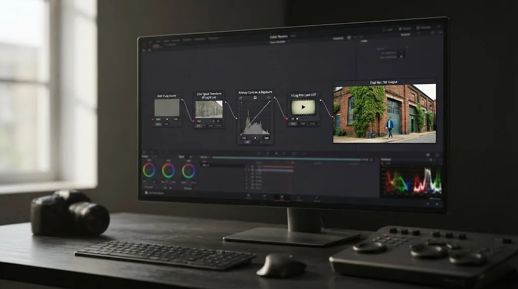 Illustration of a five-node DaVinci Resolve node graph taking Panasonic GH6 V-Log footage from Log source to finished Rec.709 grade