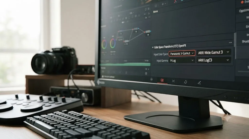 Illustration of a DaVinci Resolve Color Space Transform panel comparing Panasonic V-Gamut V-Log and ARRI Wide Gamut 3 LogC3 presets for the GH7