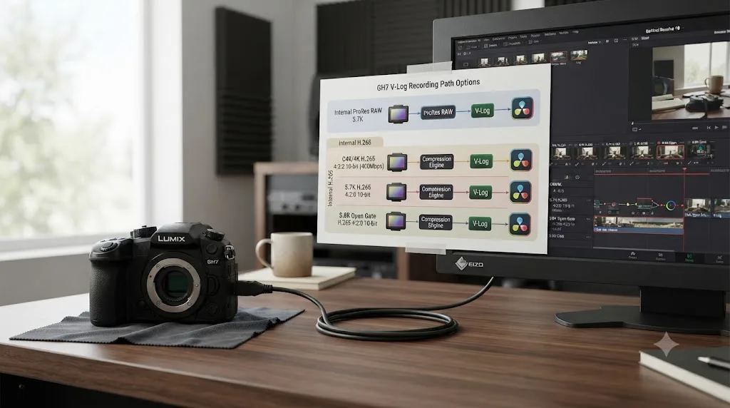 Illustration comparing Panasonic GH7 recording modes, internal ProRes RAW, C4K/4K H.265 4:2:2, and 5.8K open gate H.265 4:2:0, all shooting V-Log