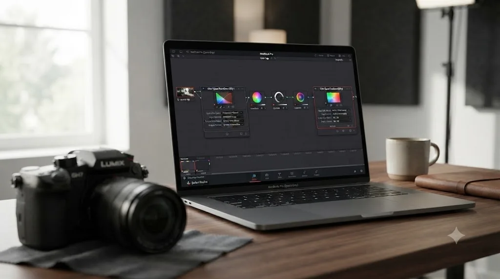 Illustration of a DaVinci Resolve node graph with two Color Space Transform nodes converting Panasonic GH7 V-Log footage to Rec.709 output