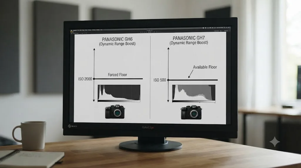 Illustration comparing Panasonic GH6 Dynamic Range Boost forced to ISO 2000 against Panasonic GH7 Dynamic Range Boost available at ISO 500