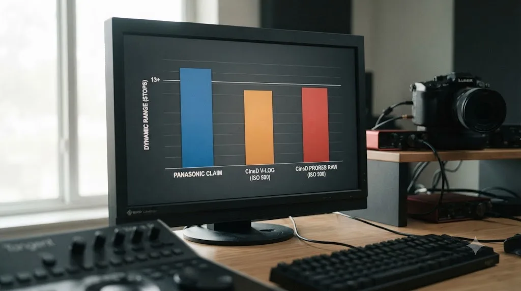 Illustration comparing marketed and independently measured dynamic range for Panasonic GH7 V-Log and ProRes RAW footage at ISO 500