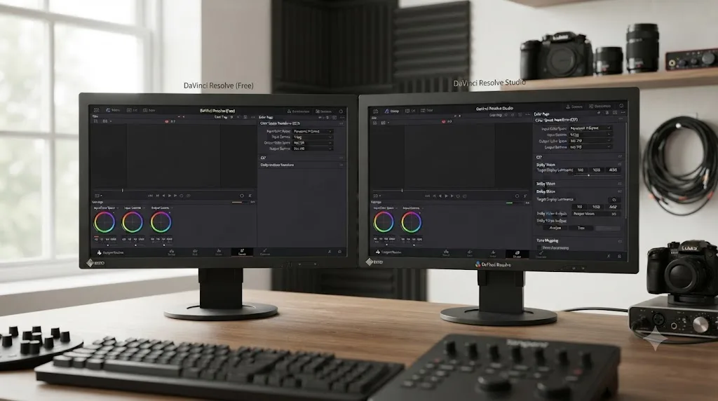 Illustration comparing DaVinci Resolve free and Studio editions, showing identical Color Space Transform tools and Studio-only Dolby Vision options