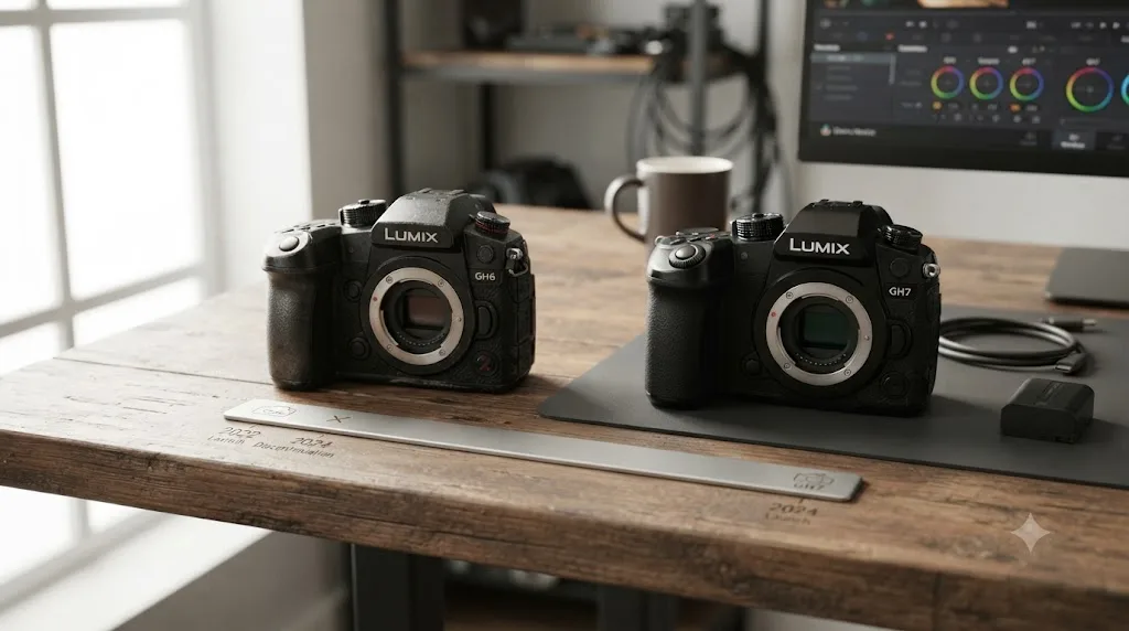 Illustration of a Panasonic GH6 and a Panasonic GH7 side by side with a timeline marker showing the GH6's discontinuation and GH7 succession