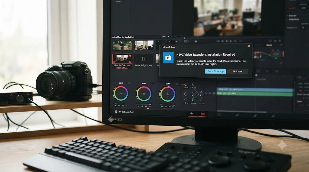Illustration of a DaVinci Resolve Media Pool clip labeled Media Offline next to a Windows HEVC codec installation prompt