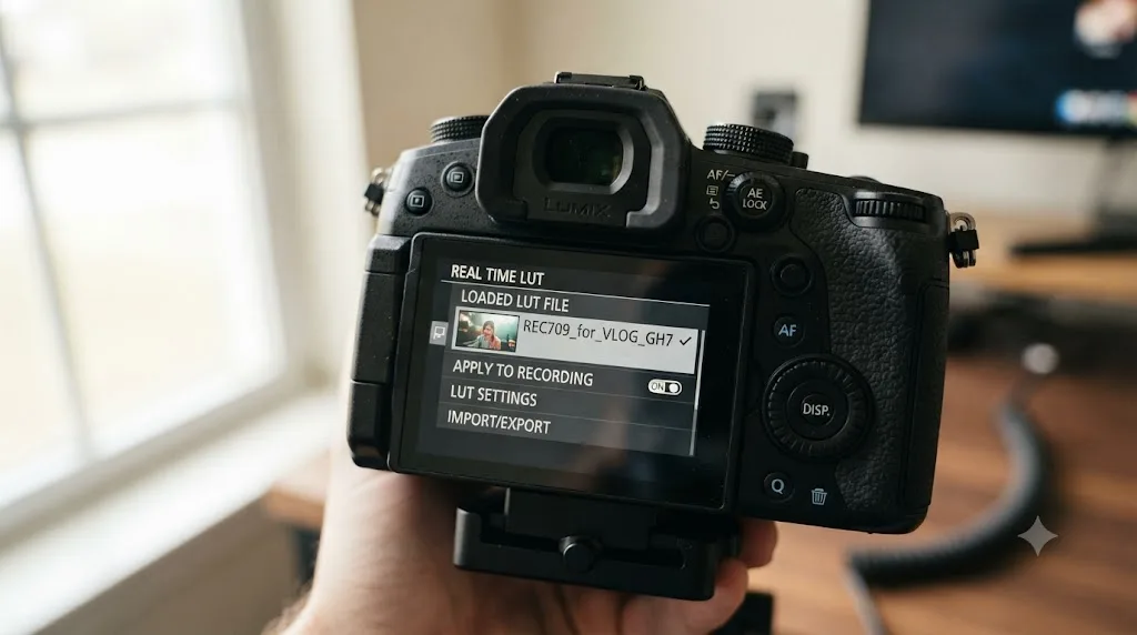 Illustration of a Panasonic GH7 touchscreen showing the Real Time LUT menu with a loaded LUT file