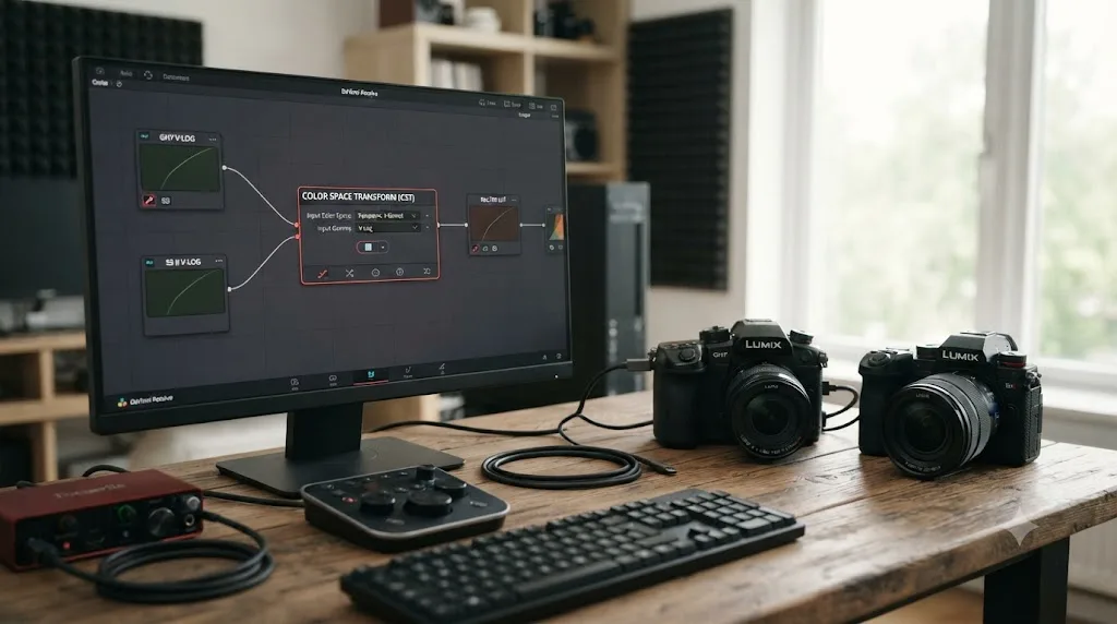 Illustration of a Panasonic GH7 and a Panasonic S5 II both feeding V-Gamut V-Log footage into the same DaVinci Resolve Color Space Transform node