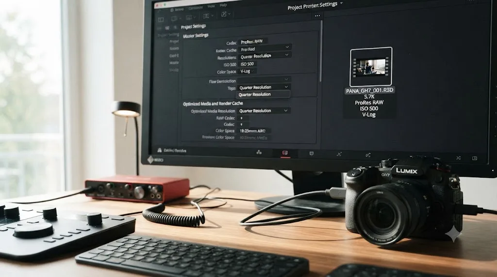 Illustration of a DaVinci Resolve Optimized Media settings panel next to a 5.7K ProRes RAW file icon from a Panasonic GH7