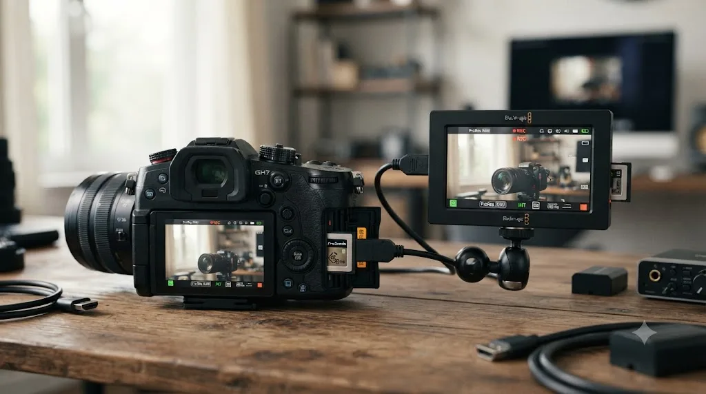 Illustration of a Panasonic GH7 recording internal ProRes RAW to a CFexpress card next to an external Blackmagic Video Assist recorder