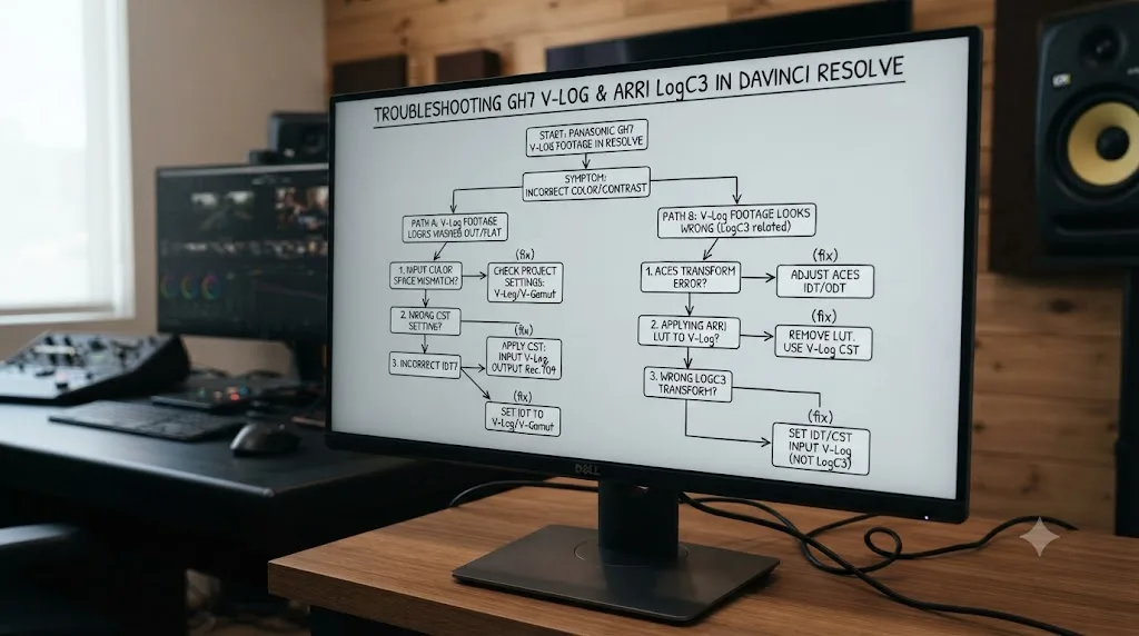 Illustration of a troubleshooting decision tree matching Panasonic GH7 V-Log and ARRI LogC3 footage symptoms in DaVinci Resolve to their causes