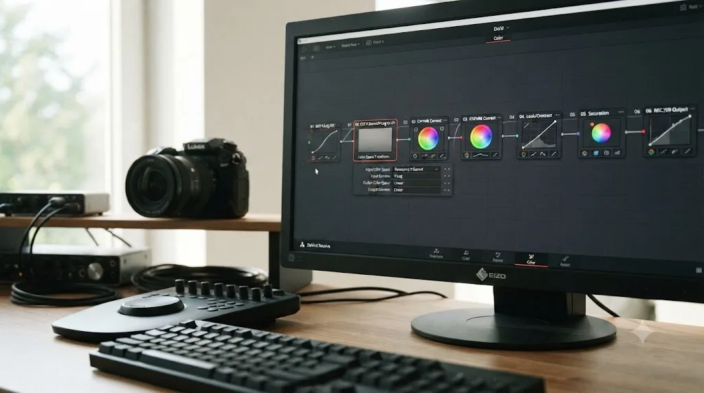 Illustration of a six-node DaVinci Resolve node graph taking Panasonic GH7 V-Log footage from Log source to finished Rec.709 grade