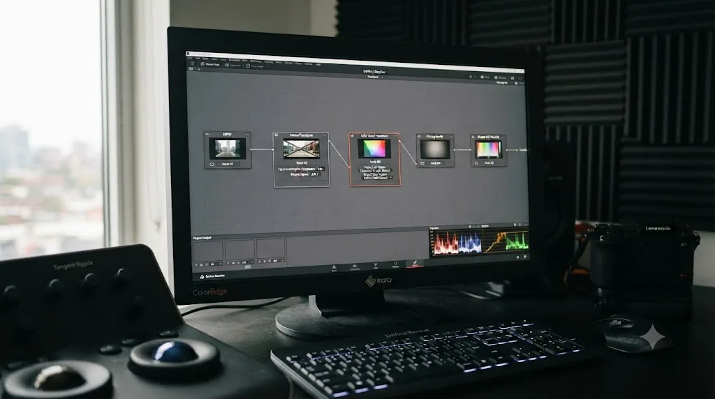 Illustration of a DaVinci Resolve node graph with a desqueeze Resize step before a Color Space Transform node on anamorphic S1H footage