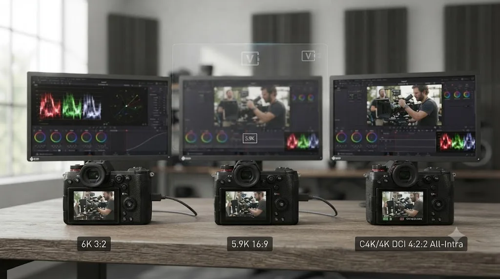 Illustration comparing Panasonic S1H recording modes, 6K 3:2, 5.9K 16:9, and C4K/4K DCI 4:2:2 All-Intra, all shooting V-Log